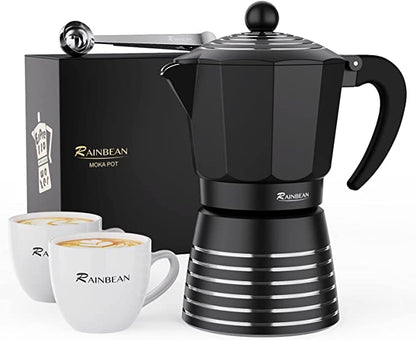 Stovetop Espresso Maker 6 Cup 300ml, Aluminum Moka Pot Gift Set, Italian Cuban Greca Coffee, Easy To Use & Clean - Set Including 2 Cups, Spoon, Black, Perfect Gifts For Coffee Lovers - MediaEclat.store