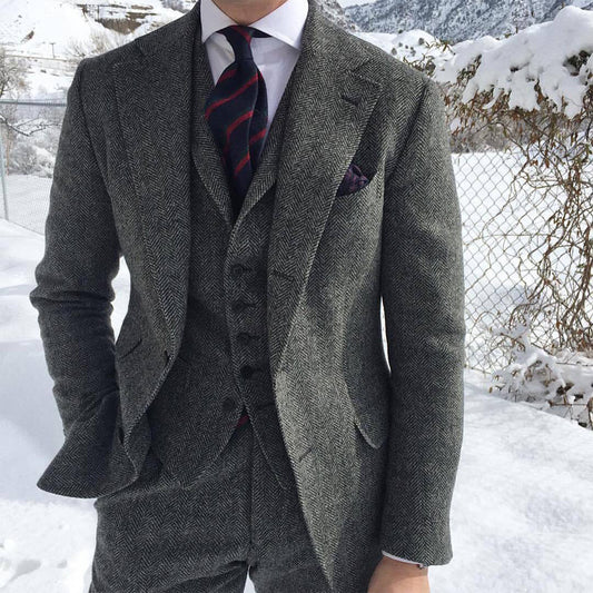 Men's Grey Wool Tweed Blazer Pant Set - MediaEclat.store