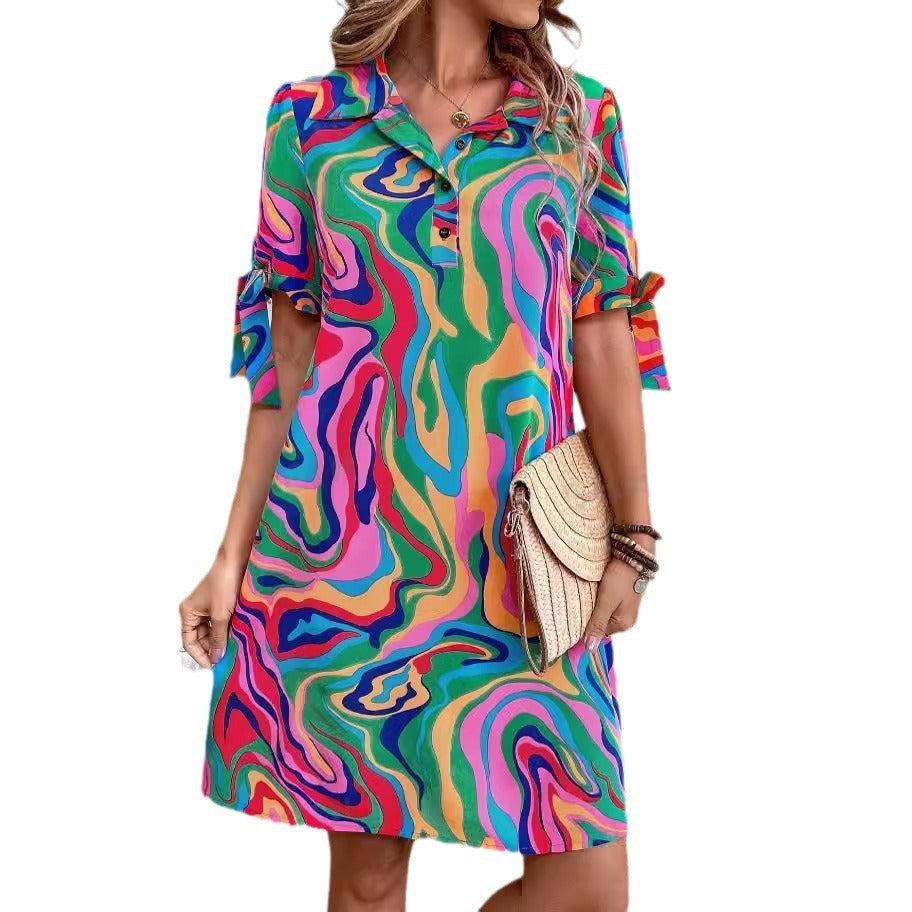 European And American Fluid Print Shirt Dress Half Sleeve Bow Casual