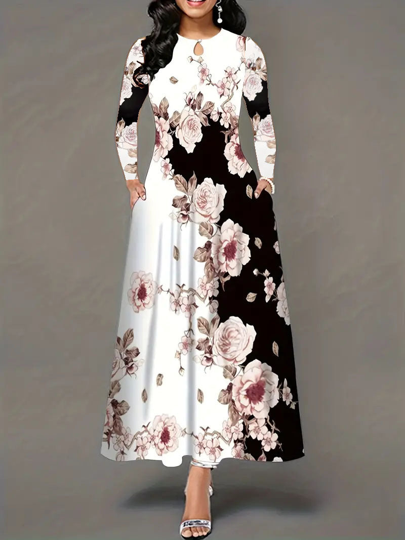 Round Neck Long Sleeve Printed Pocket Waist-controlled Large Hem Dress