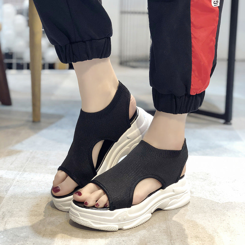 Flying Woven Sandals Women's New Summer Flat-Bottomed Style Comfortable Elastic Thick-Soled Sports Fish Mouth Shoes Large Size Factory