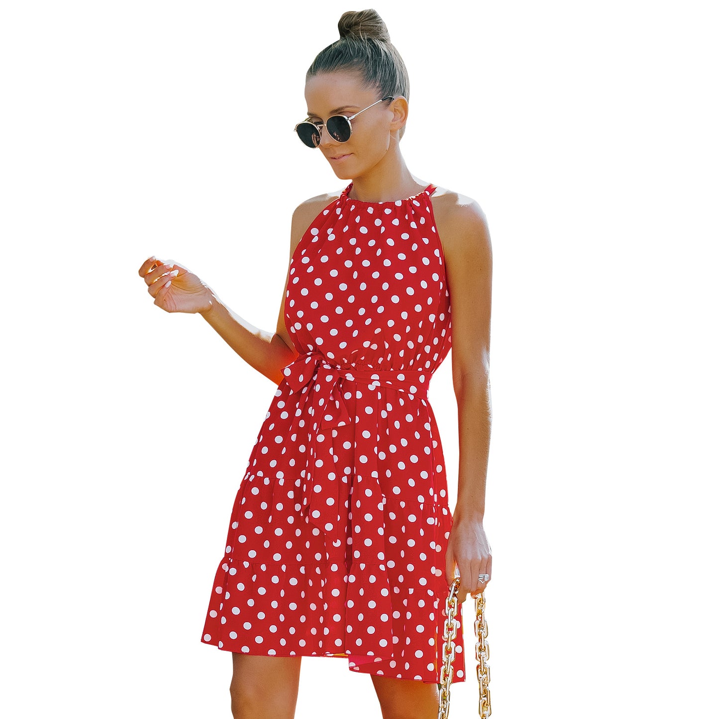 European And American Women's Round Neck Sleeveless Chiffon Polka Dot Dress