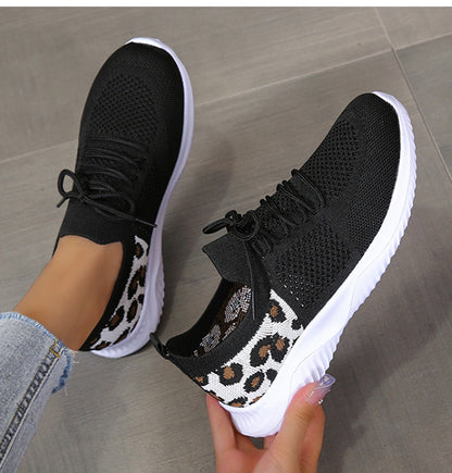 White Shoes Women Leopard Print Lace-up Sneakers Sports