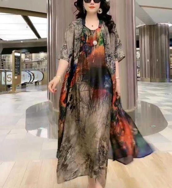 Cross-border New Arrival Artificial Silk Blended Dress Two-piece Loose Suit Printed Skirt