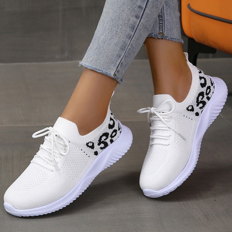 White Shoes Women Leopard Print Lace-up Sneakers Sports