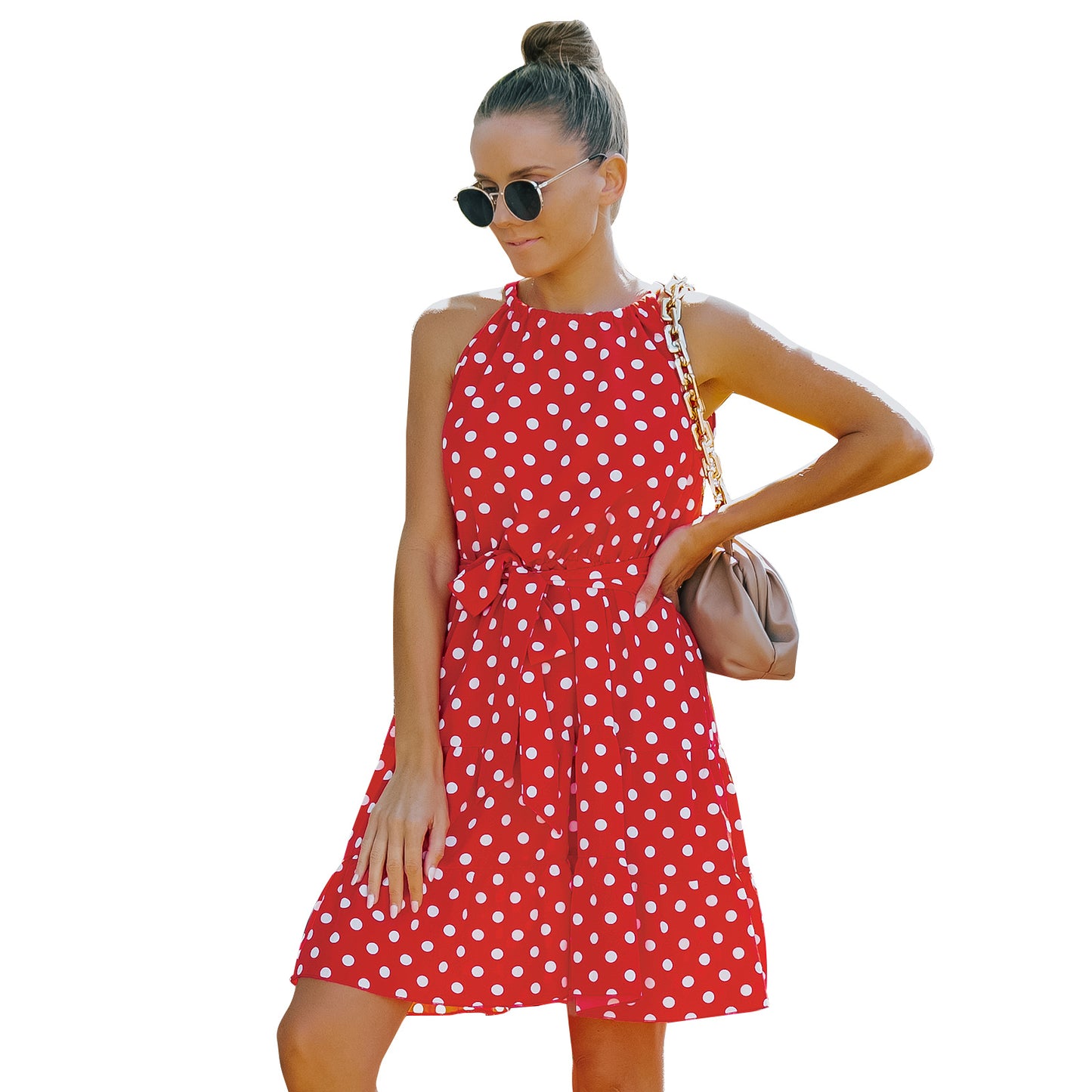 European And American Women's Round Neck Sleeveless Chiffon Polka Dot Dress