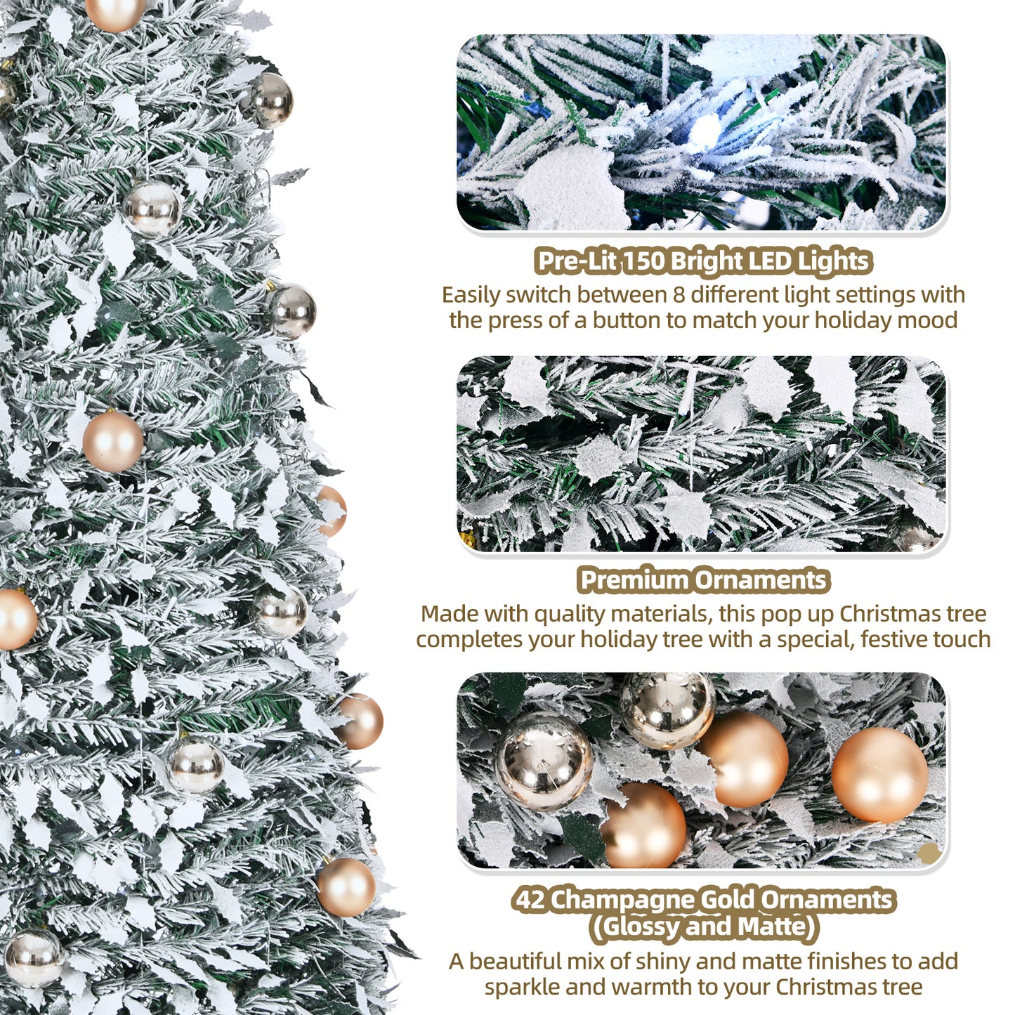 6ft 8 Modes Pre-Decorated Pre-lit Pop Up Christmas Tree Snow-Flocked Christmas Tree Collapsible Christmas Tree 150 LED Warm White Light For Christmas Holiday Decoration