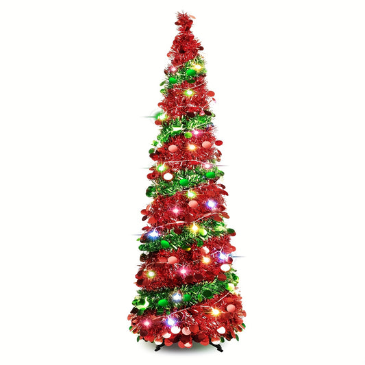 1pc, 5FT/1.5M Christmas Trees With 90 Colorful Lights, Collapsible Artificial Sequin Pop Up Christmas Tree, Tall Skinny Pencil Tinsel Christmas Trees Xmas Tree For Home Apartment Basement Fireplace