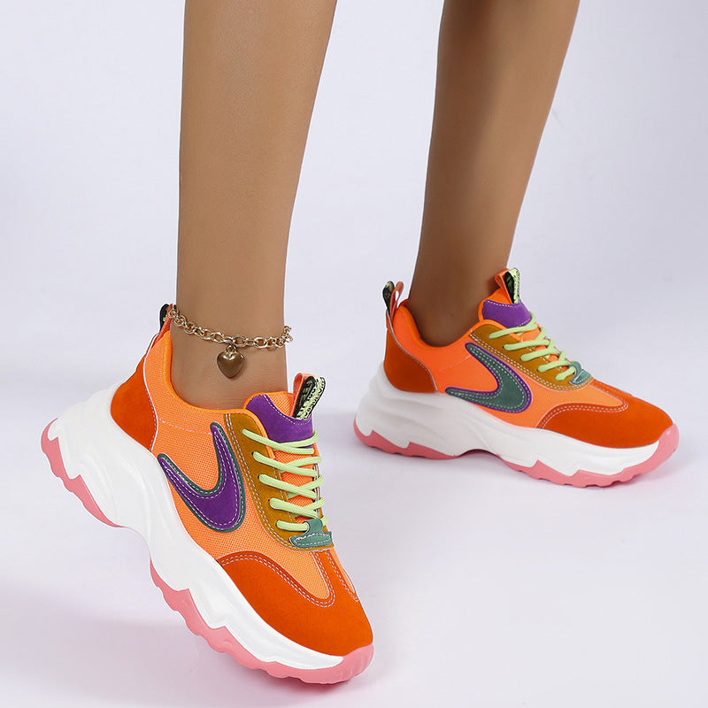 Mixed-color Lace -up Sneakers For Women Fashion Casual Lightweight Thick Bottom Running Sports Shoes - MediaEclat.store