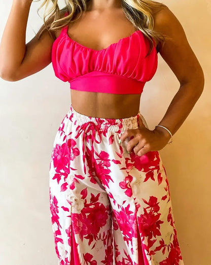 Women's Printed Contrast Wide Leg Pant Set