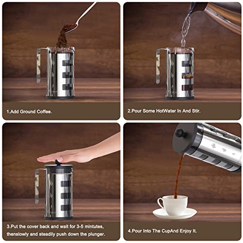 French Press Cafetiere 4 Cups, Stainless Steel Body Shell Coffee Maker- Heat Resistant - Stainless Steel Filter Coffee Press For Coffee Lover, Silver, 350 Ml & 600ml - MediaEclat.store