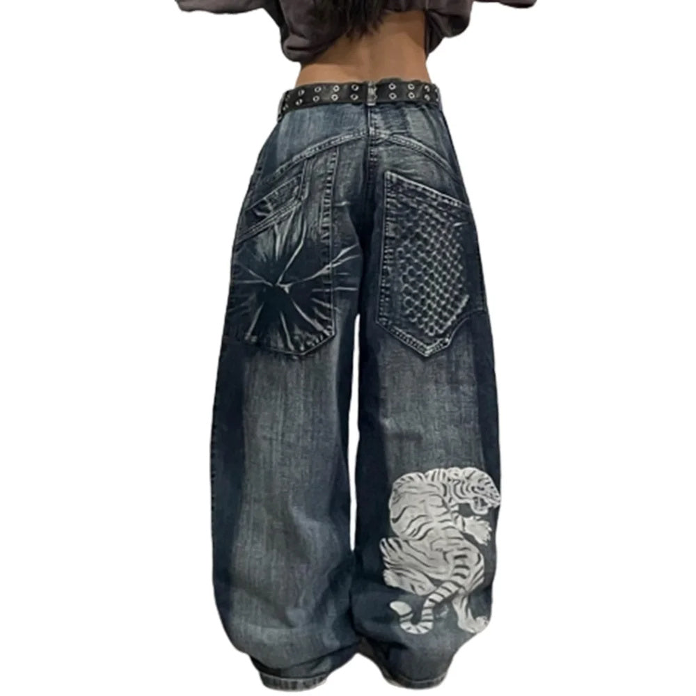 White Tiger Printed Wide Leg Jeans