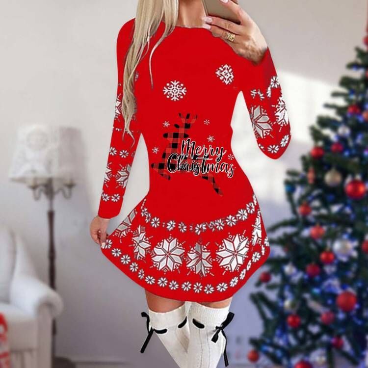 Christmas Print Round Neck Long Sleeve Dress