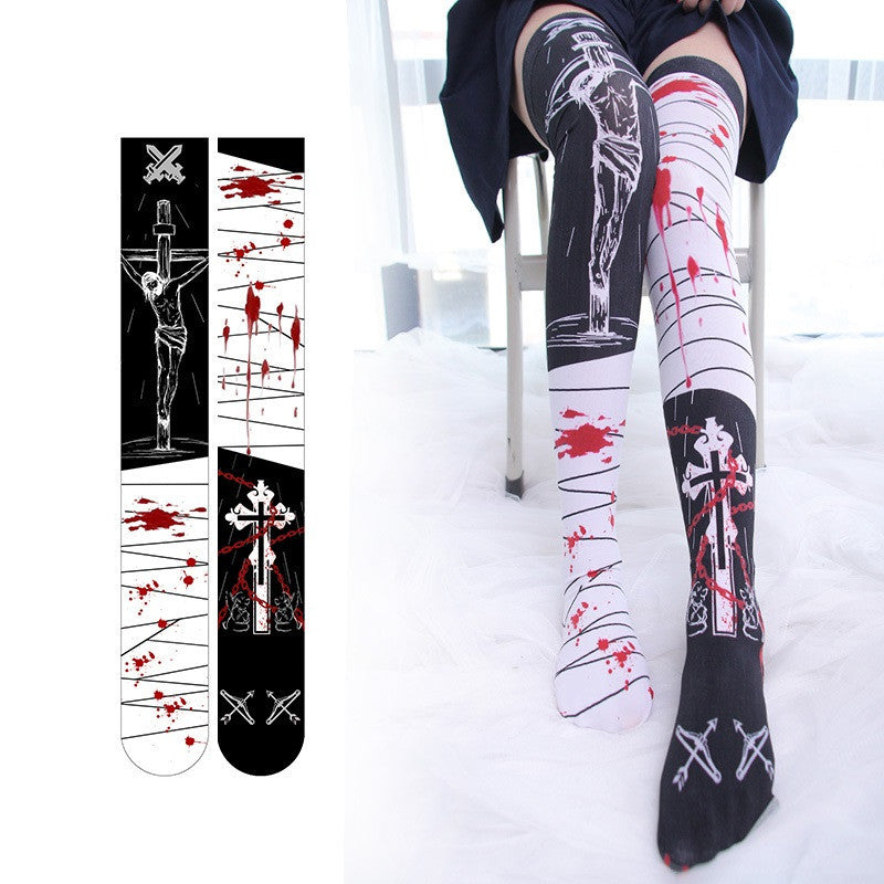 Anime Japanese Cartoon Knee Print Underpin Loli Girls' Medium Tube Stockings