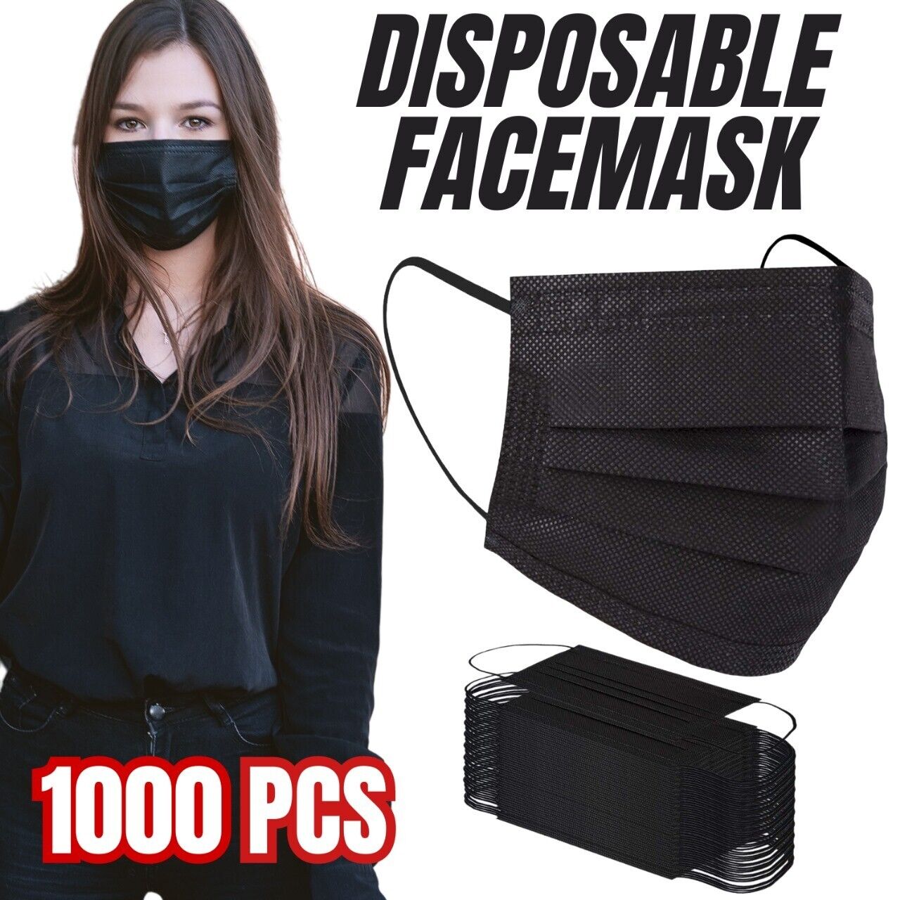 1000 PCS Protective Disposable Face Mask Cover 3 Ply Disposable Masks - Black