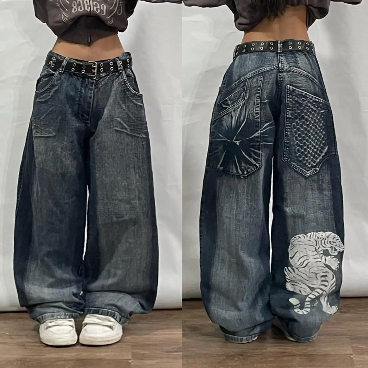 White Tiger Printed Wide Leg Jeans