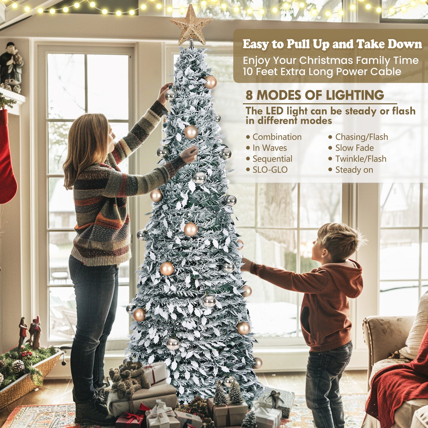 6ft 8 Modes Pre-Decorated Pre-lit Pop Up Christmas Tree Snow-Flocked Christmas Tree Collapsible Christmas Tree 150 LED Warm White Light For Christmas Holiday Decoration