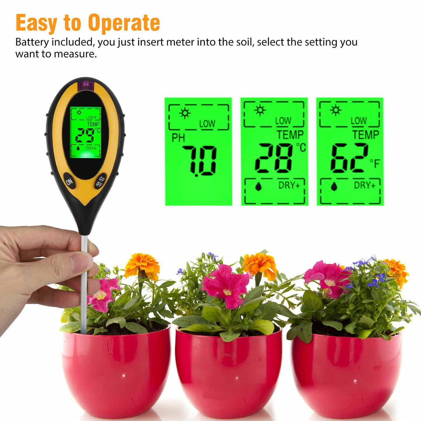 4 In 1 LCD Digital PH Tester Soil Water Light Temperature Test Meter US