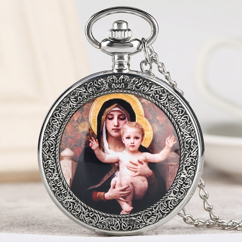 Big Pocket Watch With Virgin Mary And Jesus Motif