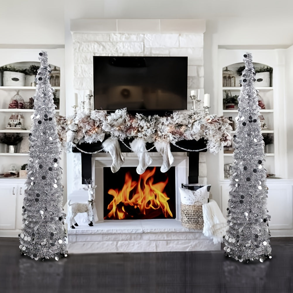 60-Inch Pop-Up Christmas Tree with Stand - Silvery Tinsel, Foldable Artificial Holiday Decor for Home, Garden, Office, and Cafe - Indoor/Outdoor Use