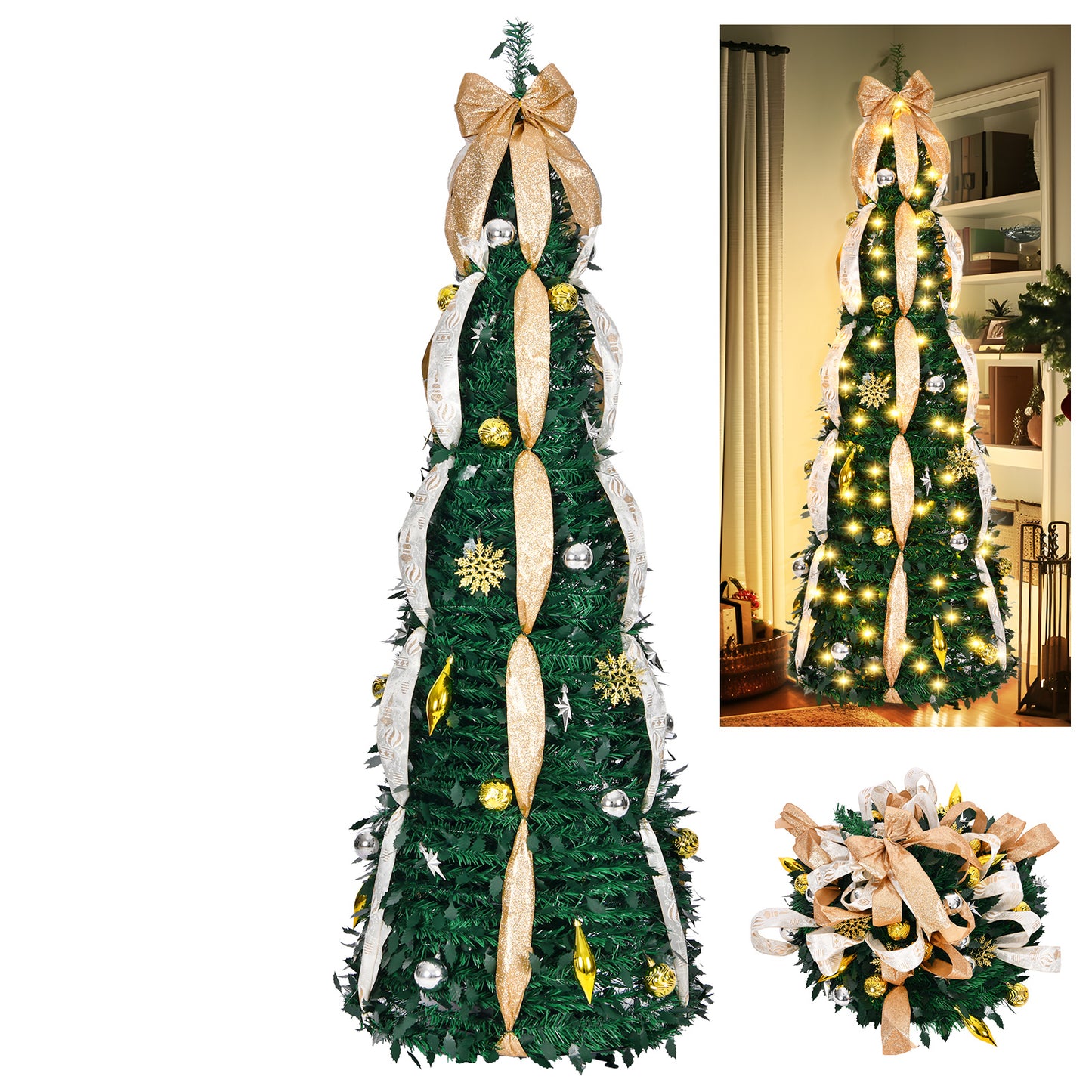 6ft 8 Modes Pre-Decorated Pre-lit Pop Up Christmas Tree Snow-Flocked Christmas Tree Collapsible Christmas Tree 150 LED Warm White Light For Christmas Holiday Decoration