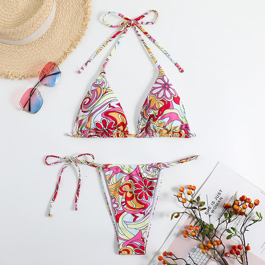 Triangle Printed Bikini For Women With Separate System And Hanging Neck Swimsuit