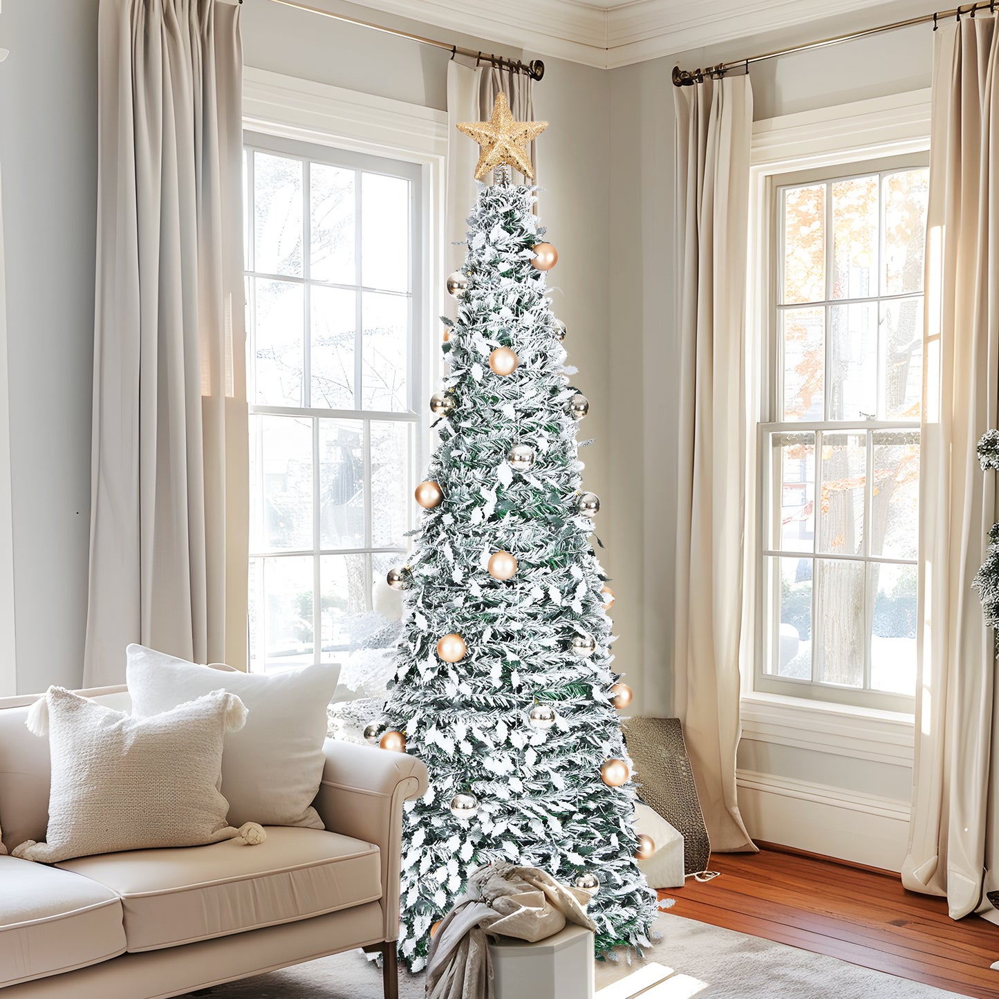 6ft 8 Modes Pre-Decorated Pre-lit Pop Up Christmas Tree Snow-Flocked Christmas Tree Collapsible Christmas Tree 150 LED Warm White Light For Christmas Holiday Decoration