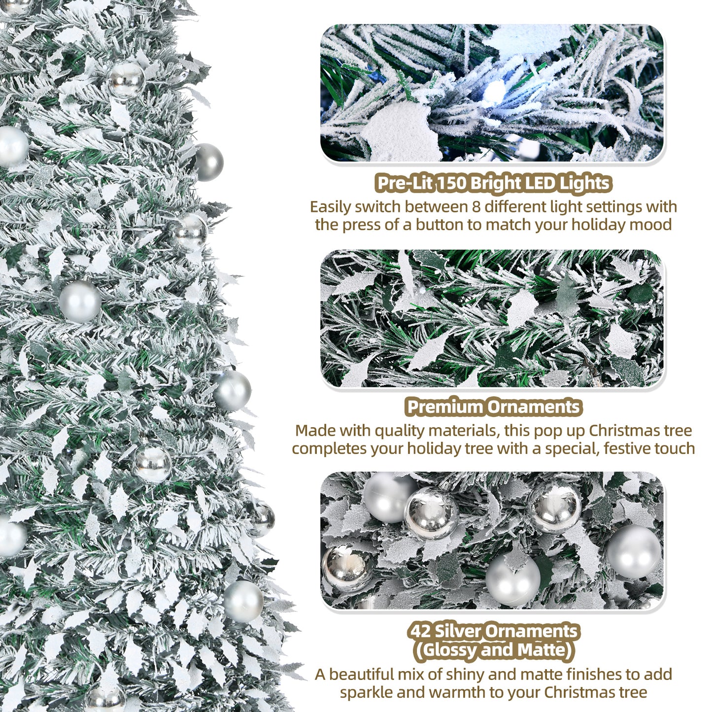 6ft 8 Modes Pre-Decorated Pre-lit Pop Up Christmas Tree Snow-Flocked Christmas Tree Collapsible Christmas Tree 150 LED Warm White Light For Christmas Holiday Decoration