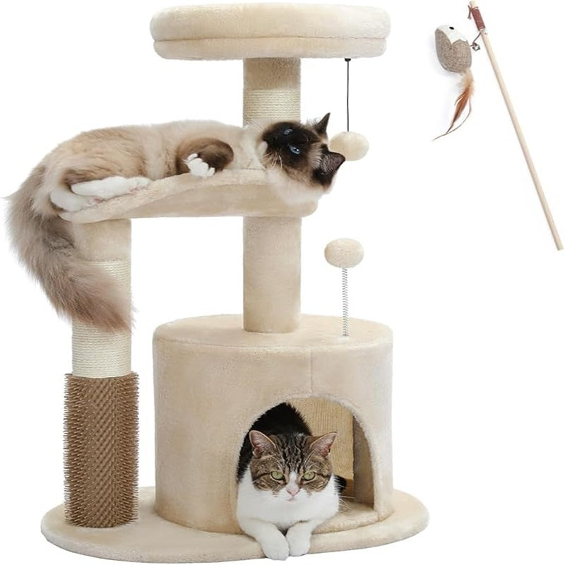 Small Cat Tree For Indoor Cats, Medium Cat Tower With Interactive Cat Toy, 32.7-inch Cat Condo With Self Groomer Brush, Natural Cat Scratching Post, Dangling Balls For Small & Medium Cats, Beige