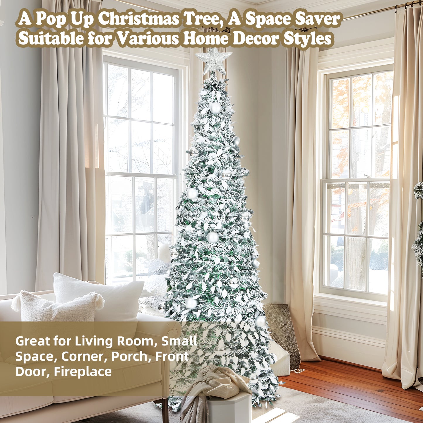 6ft 8 Modes Pre-Decorated Pre-lit Pop Up Christmas Tree Snow-Flocked Christmas Tree Collapsible Christmas Tree 150 LED Warm White Light For Christmas Holiday Decoration