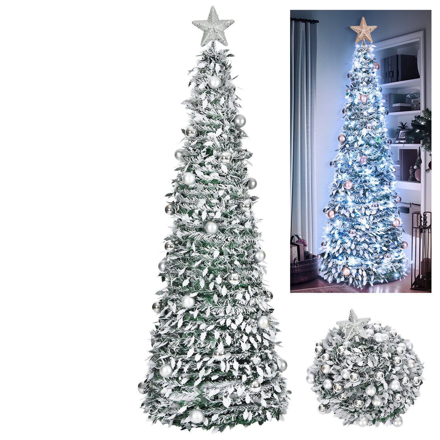 6ft 8 Modes Pre-Decorated Pre-lit Pop Up Christmas Tree Snow-Flocked Christmas Tree Collapsible Christmas Tree 150 LED Warm White Light For Christmas Holiday Decoration