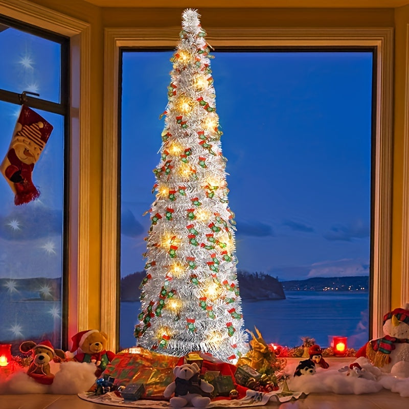 59" Pop-Up Christmas Tree with Reflective Sequins - Slim, Foldable Design for Home & Party Decor, Perfect for Halloween & New Year Celebrations, PVC Material