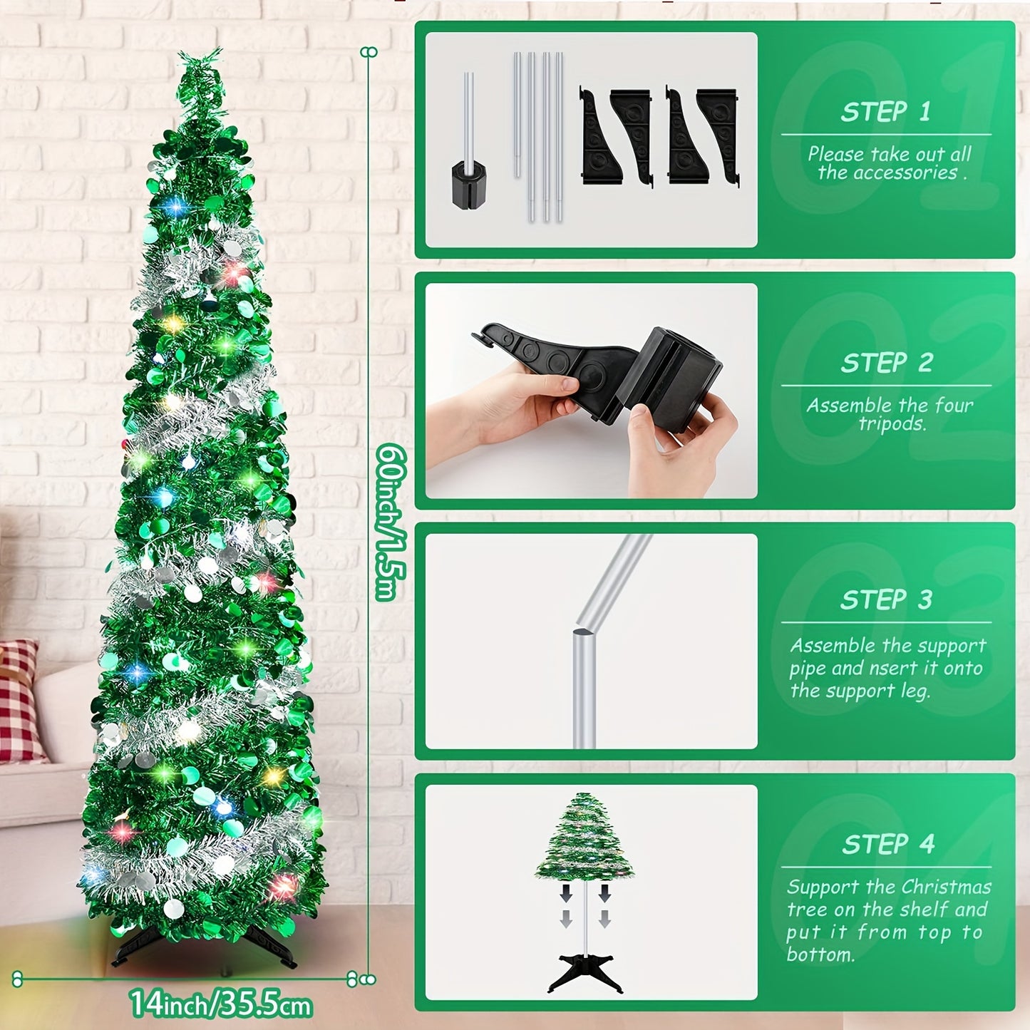 1pc, 5FT/1.5M Christmas Trees With 90 Colorful Lights, Collapsible Artificial Sequin Pop Up Christmas Tree, Tall Skinny Pencil Tinsel Christmas Trees Xmas Tree For Home Apartment Basement Fireplace