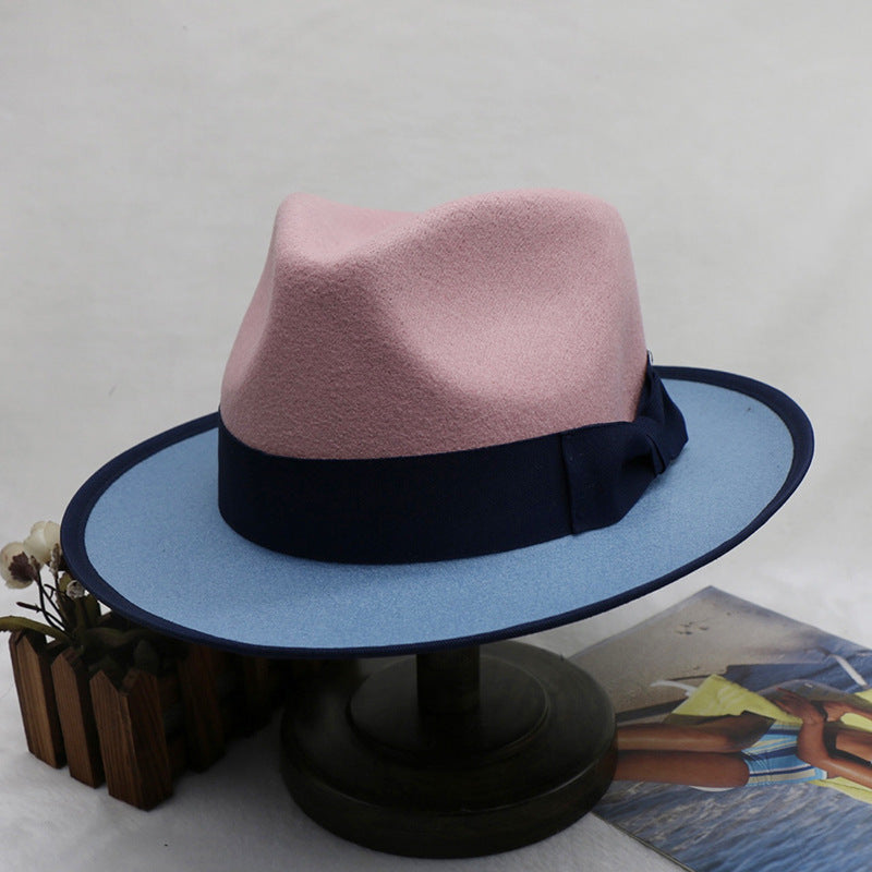 Men's Fedora Hat Felt Cap Dual-color Patchwork Felt Hat