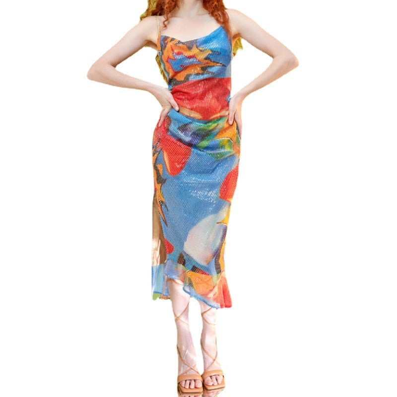 Printed Beads Holiday Sweet And Spicy Cute Split Slim Fit Dress