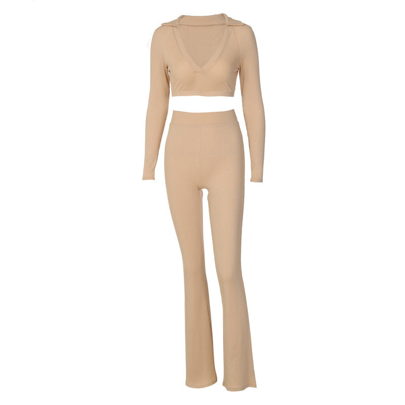 Solid Color V-Neck Long-Sleeve Top Micro-Flare Pants Two-Piece Set - MediaEclat.store