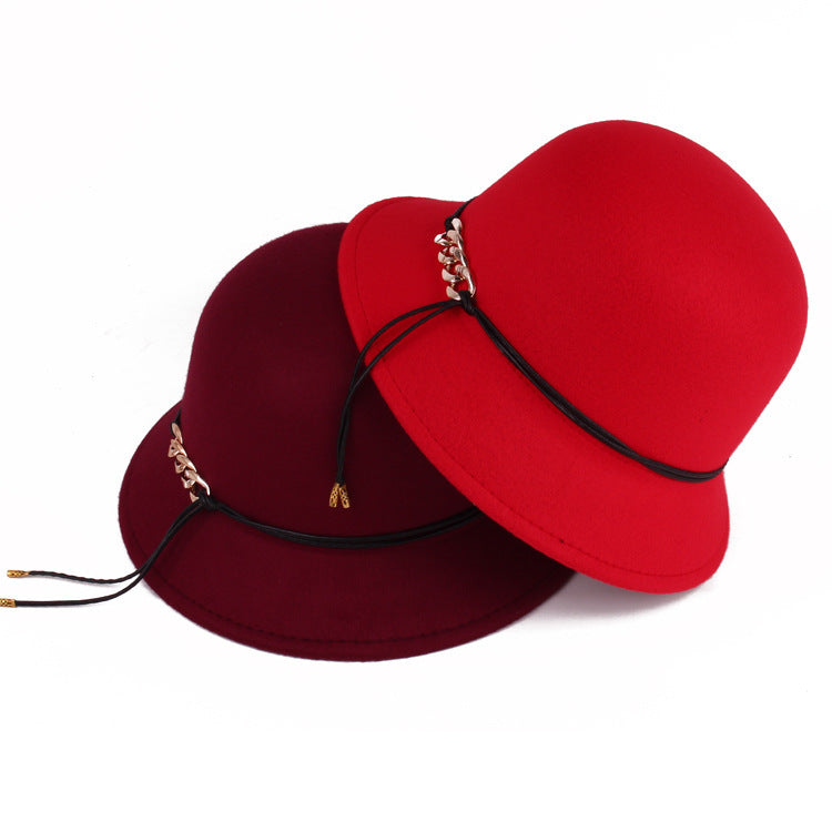 Solid Color Woolen Round Cap Chain Decoration Women's Basin Hat