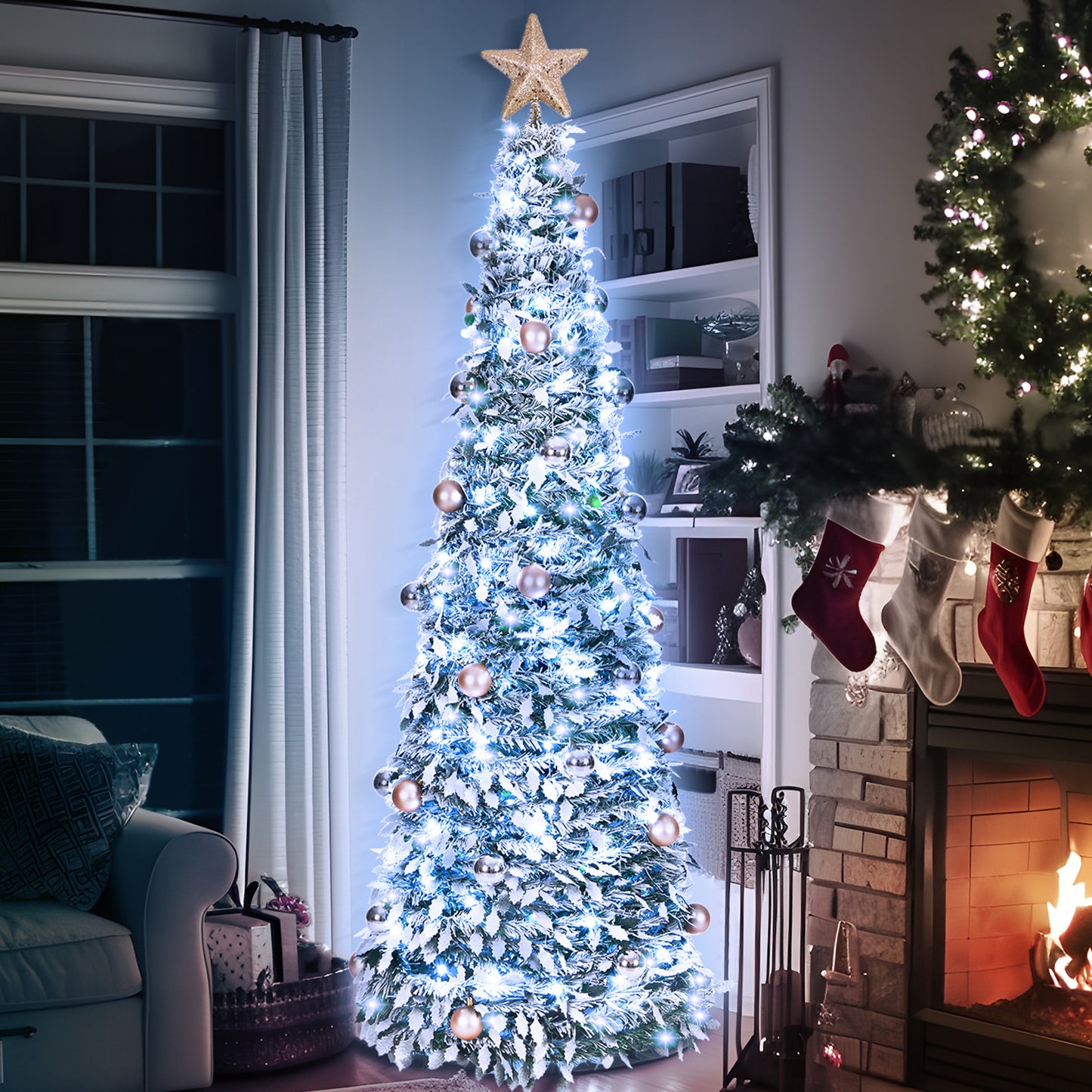 6ft 8 Modes Pre-Decorated Pre-lit Pop Up Christmas Tree Snow-Flocked Christmas Tree Collapsible Christmas Tree 150 LED Warm White Light For Christmas Holiday Decoration