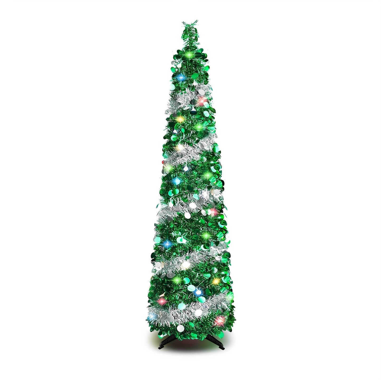 1pc, 5FT/1.5M Christmas Trees With 90 Colorful Lights, Collapsible Artificial Sequin Pop Up Christmas Tree, Tall Skinny Pencil Tinsel Christmas Trees Xmas Tree For Home Apartment Basement Fireplace