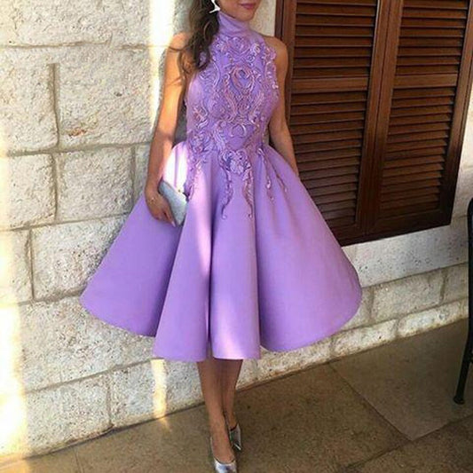 High Collar Sleeveless Purple Ball Gown Knee Length Applique
