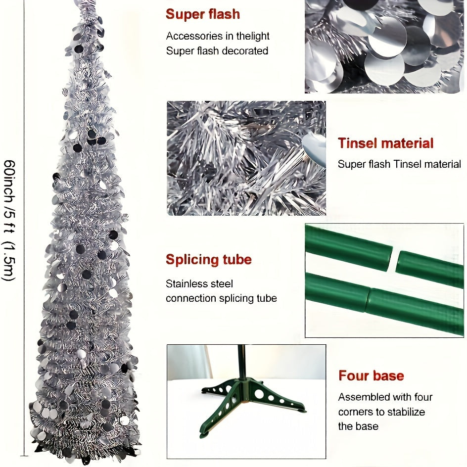 60-Inch Pop-Up Christmas Tree with Stand - Silvery Tinsel, Foldable Artificial Holiday Decor for Home, Garden, Office, and Cafe - Indoor/Outdoor Use