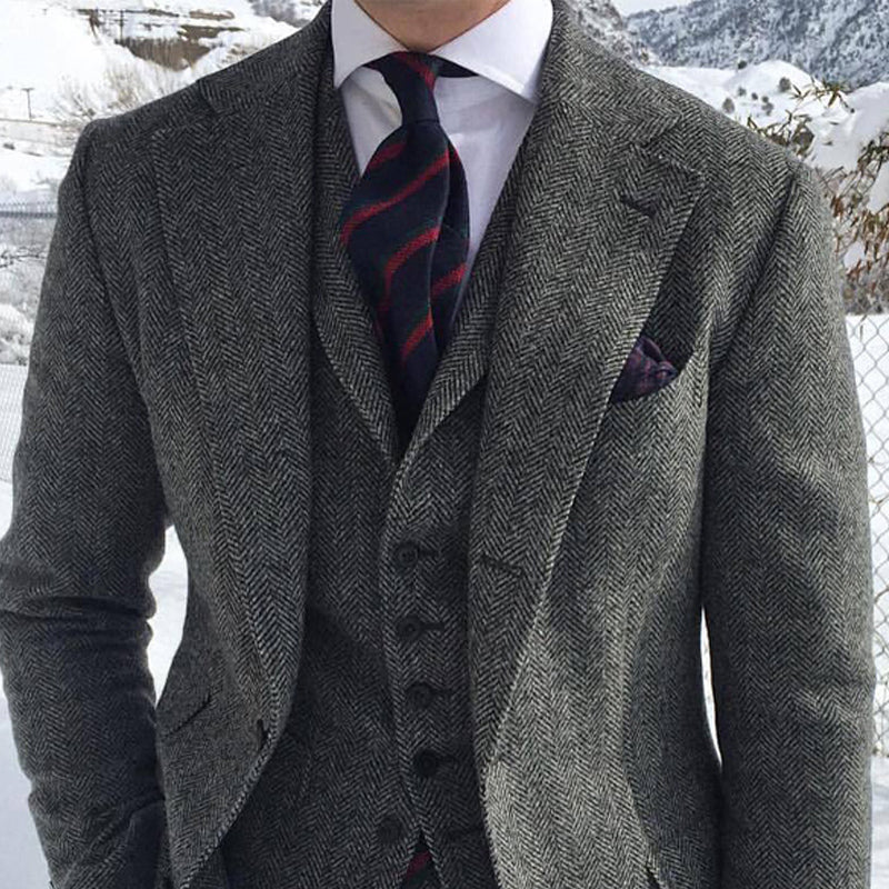 Men's Grey Wool Tweed Blazer Pant Set - MediaEclat.store