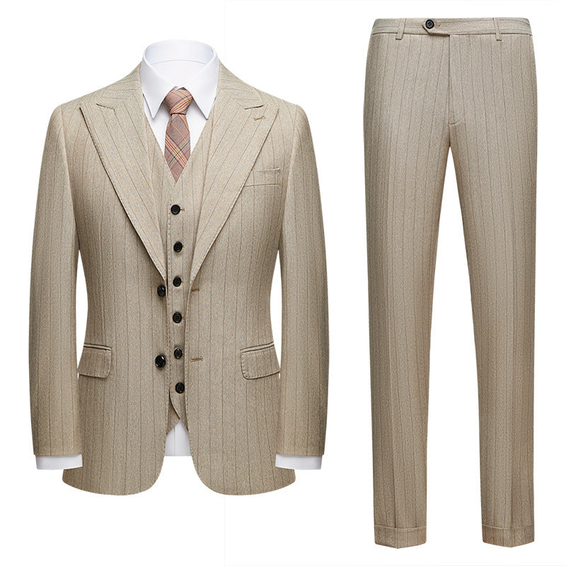 Korean Version Slim Striped Light Coffee Casual Suit Three-piece Suit