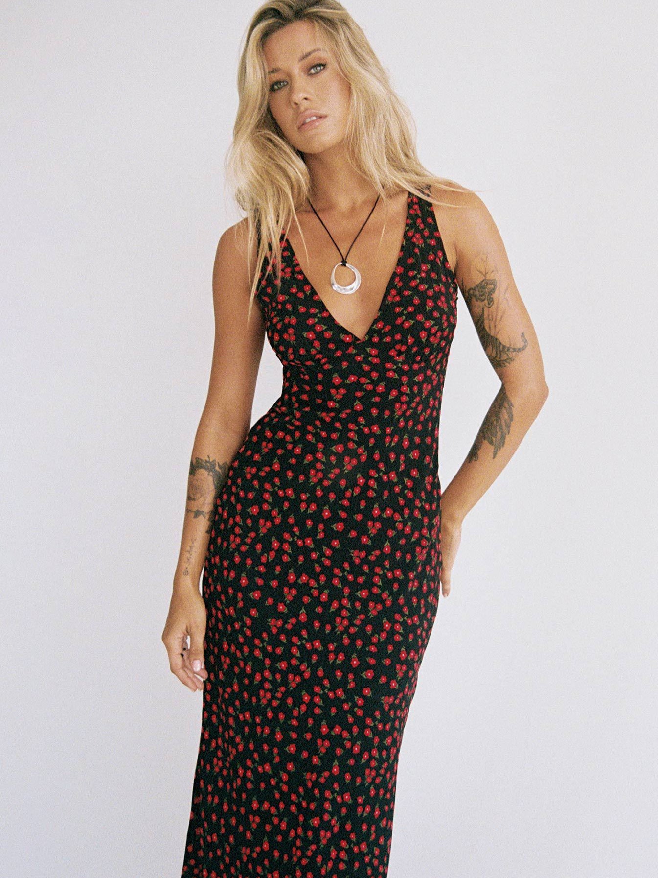 Women's Printed Deep V Dress Lace-up Dress