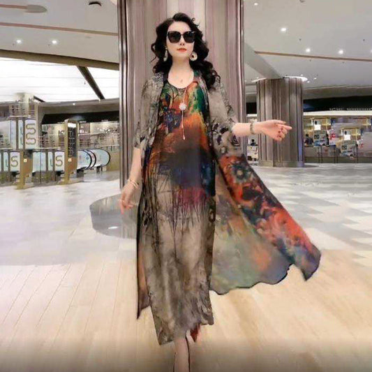 Cross-border New Arrival Artificial Silk Blended Dress Two-piece Loose Suit Printed Skirt