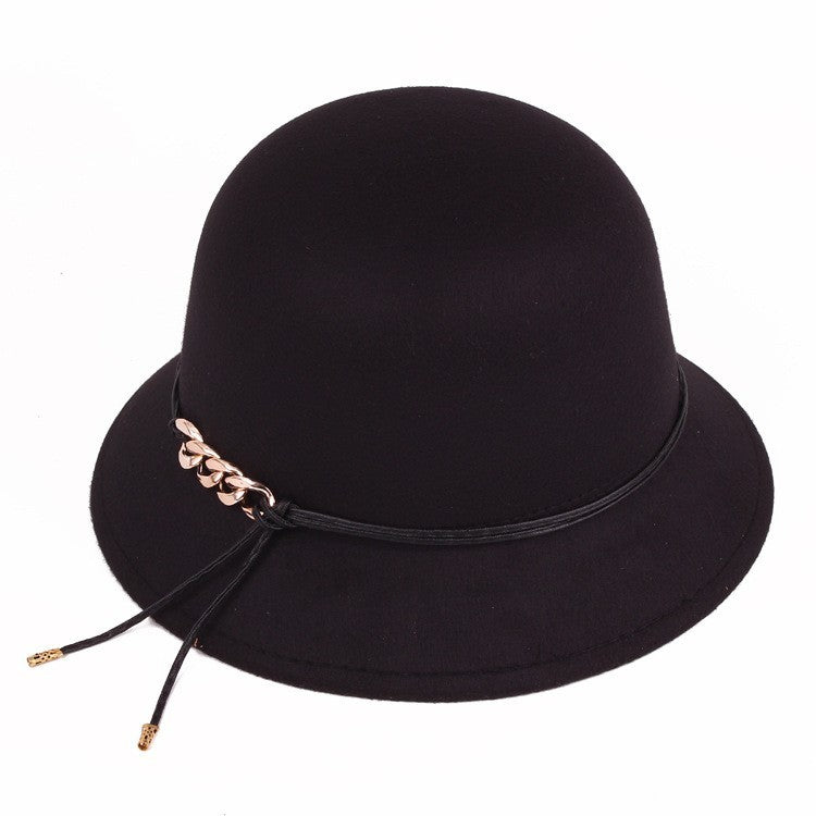 Solid Color Woolen Round Cap Chain Decoration Women's Basin Hat