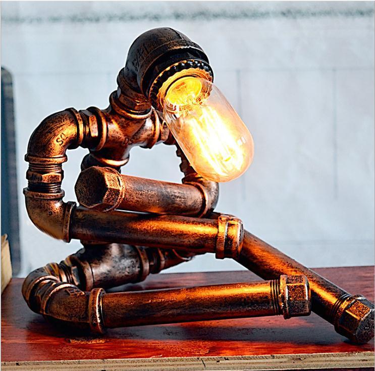 Retro Simple Water Pipe Wrought Iron Robot Shape Dimmable Night Light