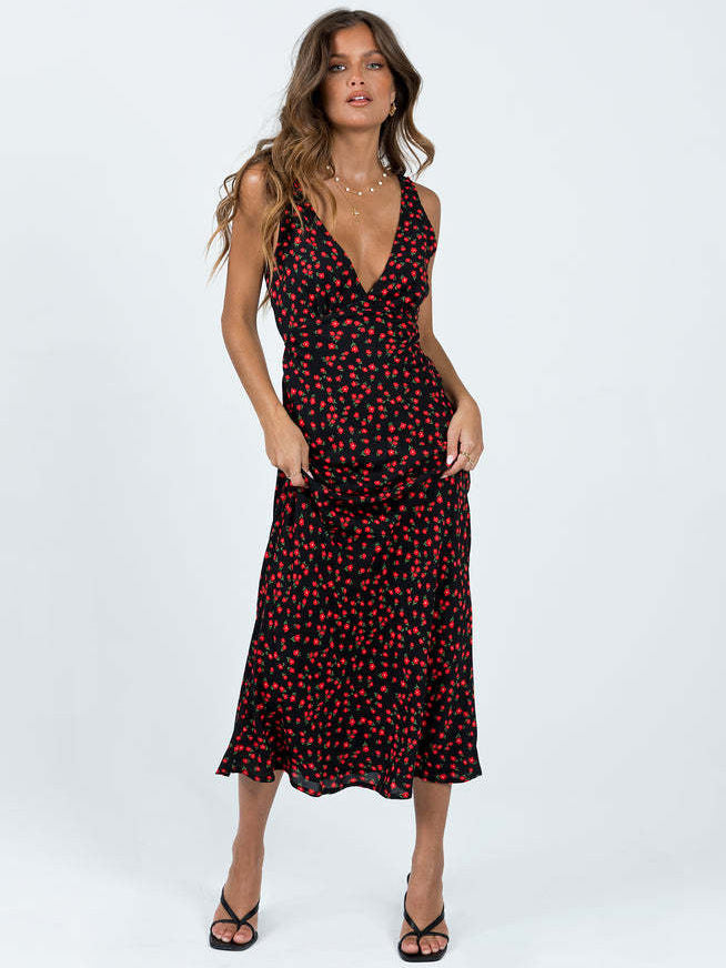 Women's Printed Deep V Dress Lace-up Dress