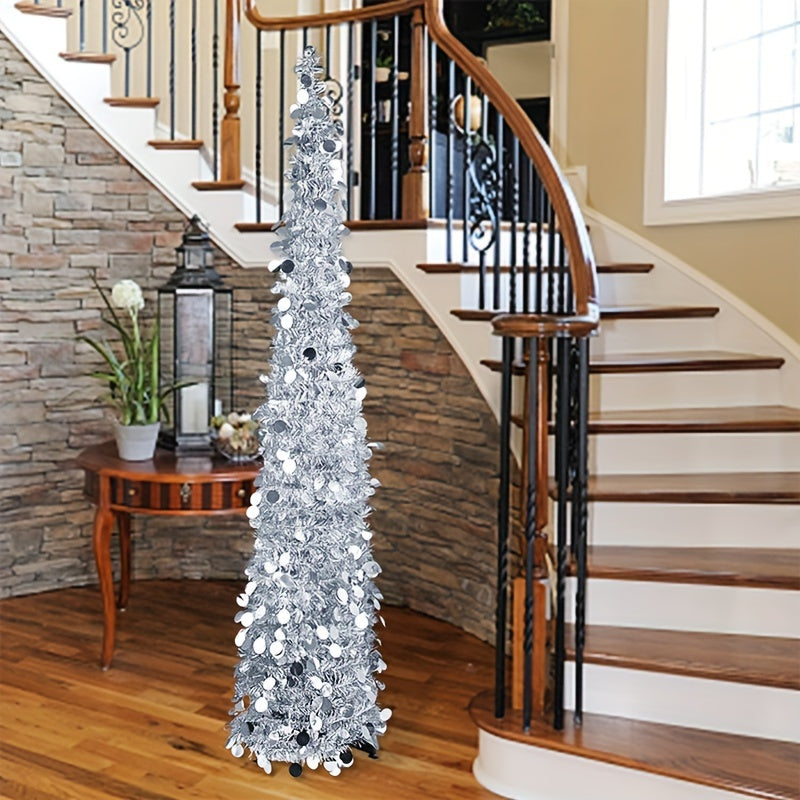 60-Inch Pop-Up Christmas Tree with Stand - Silvery Tinsel, Foldable Artificial Holiday Decor for Home, Garden, Office, and Cafe - Indoor/Outdoor Use