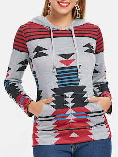 Casual Geometric Pattern Long Sleeves Hoodie for Women Size: (L)
